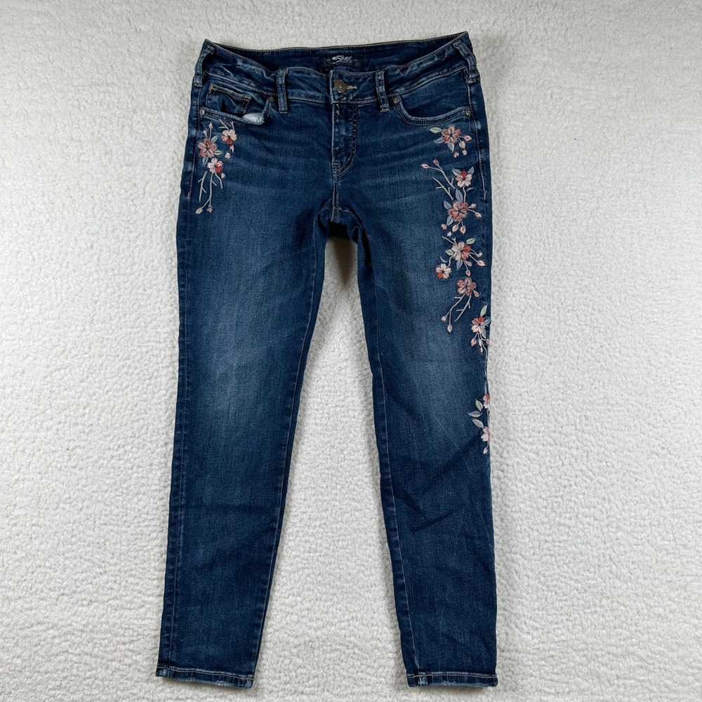 Silver Jeans Elyse Skinny Women Floral Embroidered Mid Rise 30x29 Dark Blue Boho